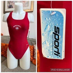 ❣️🆕Sporti Solid Red Wide Strap Swimsuit with Water Safety Embroidered on Front❣️